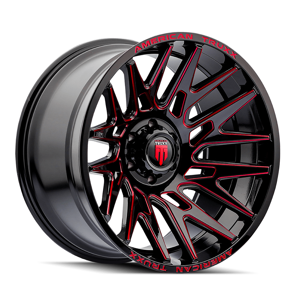 22x12 American Truxx Evolution AT1919BTR Gloss Black w/ Red Prizm Milled Spokes Wheel